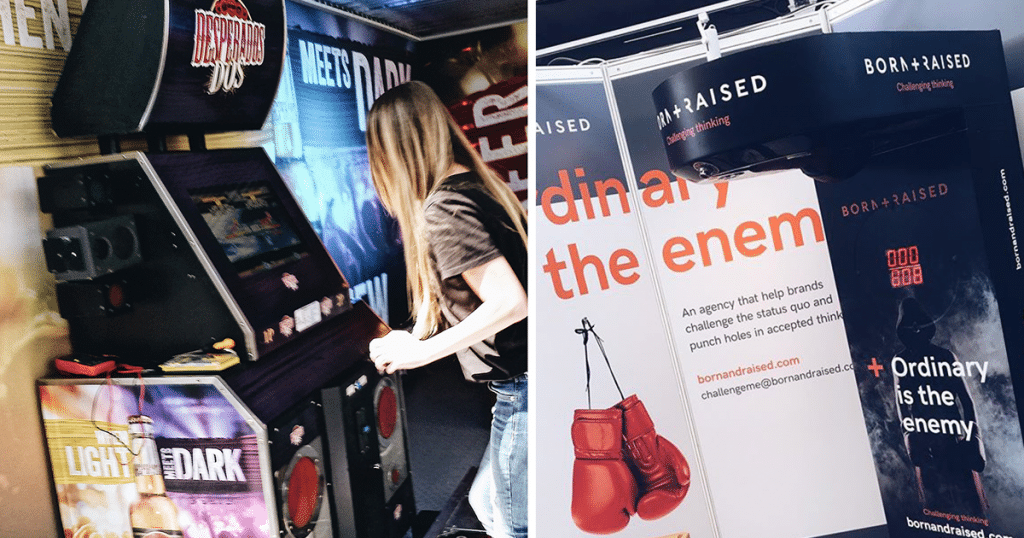 Custom branded arcade machines at an event.